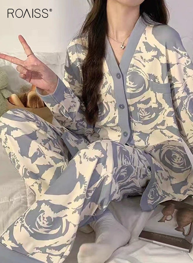 roaiss Women's Rose Print Casual Pajama Set Long Sleeve Button-Up Top and Relaxed Fit Pants, Comfortable and Cozy for Fall Season, Machine Washable Fabric for Easy Care - Image 1