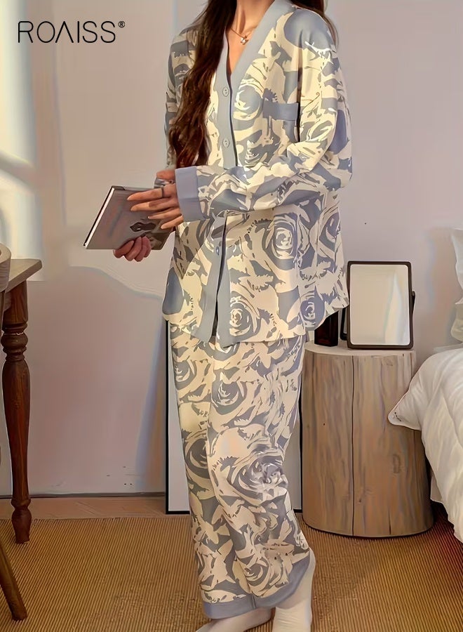 roaiss Women's Rose Print Casual Pajama Set Long Sleeve Button-Up Top and Relaxed Fit Pants, Comfortable and Cozy for Fall Season, Machine Washable Fabric for Easy Care - Image 5