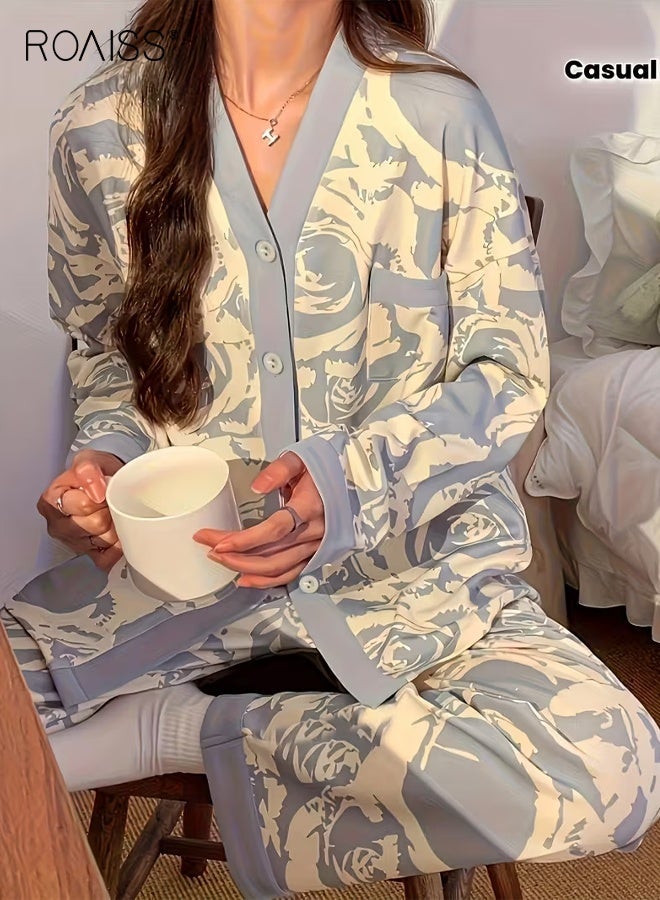 roaiss Women's Rose Print Casual Pajama Set Long Sleeve Button-Up Top and Relaxed Fit Pants, Comfortable and Cozy for Fall Season, Machine Washable Fabric for Easy Care - Image 3