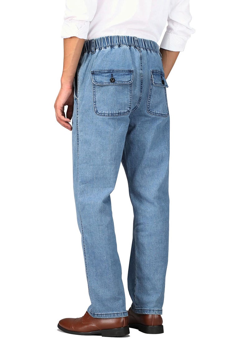 Soojun Mens Casual Loose Fit Elastic Waist Denim Pants, Denim Blue, 38W x 30L - Image 4