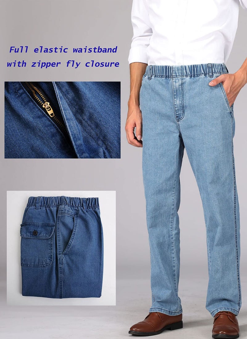 Soojun Mens Casual Loose Fit Elastic Waist Denim Pants, Denim Blue, 38W x 30L - Image 5