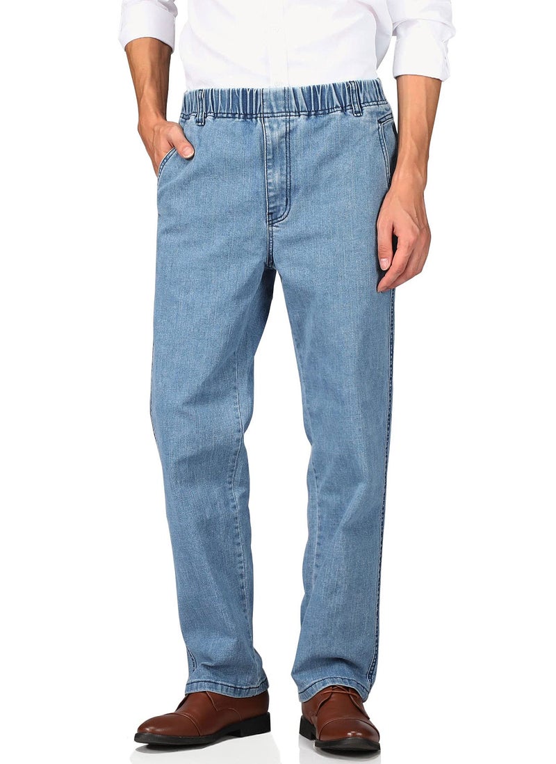 Soojun Mens Casual Loose Fit Elastic Waist Denim Pants, Denim Blue, 38W x 30L - Image 3