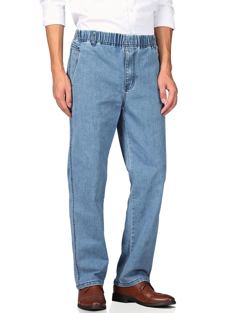 Soojun Mens Casual Loose Fit Elastic Waist Denim Pants, Denim Blue, 38W x 30L - Image 2