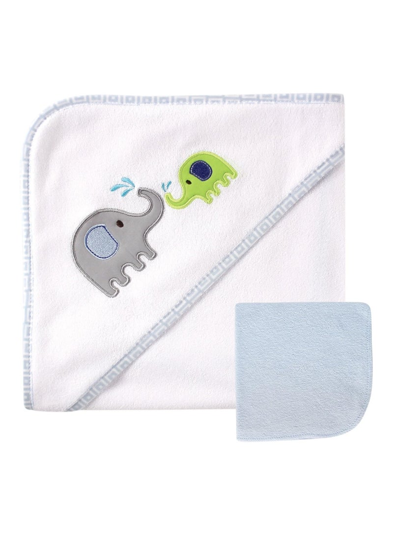 Unisex Baby Hooded Towel And Washcloth Blue Elephant One Size
