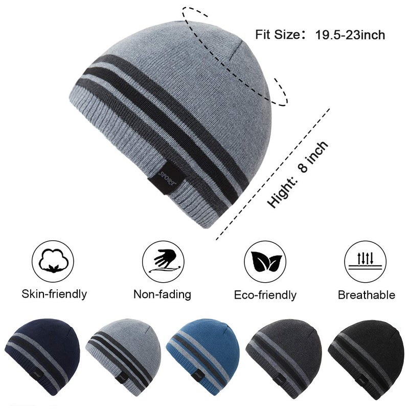 OMECHY Mens Winter Beanie Hat Oversized Warm Knit Fleece Lined Short Beanie Ski Skull Cap (Black+Grey, ONE Size) - Image 3