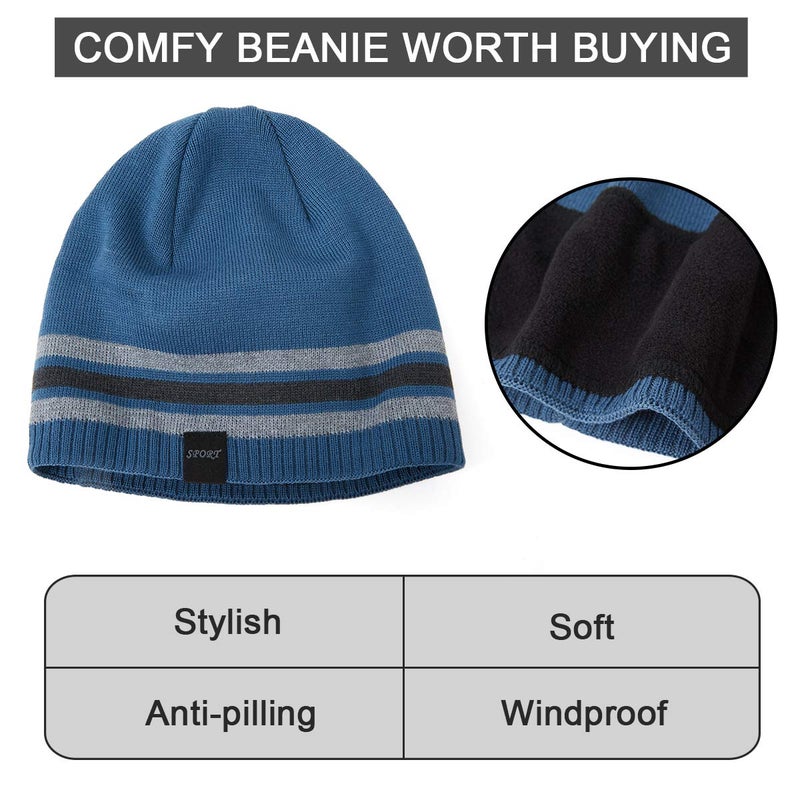 OMECHY Mens Winter Beanie Hat Oversized Warm Knit Fleece Lined Short Beanie Ski Skull Cap (Black+Grey, ONE Size) - Image 5