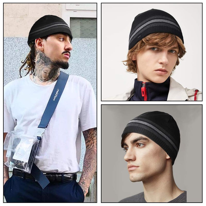 OMECHY Mens Winter Beanie Hat Oversized Warm Knit Fleece Lined Short Beanie Ski Skull Cap (Black+Grey, ONE Size) - Image 2