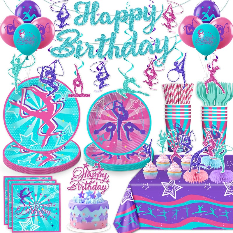 Yingoto 186 Pcs Gymnastics Birthday Party Decorations Serves 20 Guests with Banner Backdrop Cake Topper Plates and Napkins for Gymnastics Party - Image 2