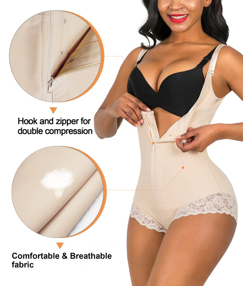 SHAPERX Women's Fajas Colombianas Shapewear Postpartum Tummy Control Body Shaper Butt Lifter Bodysuit, SZ7200-Beige-M - Image 3
