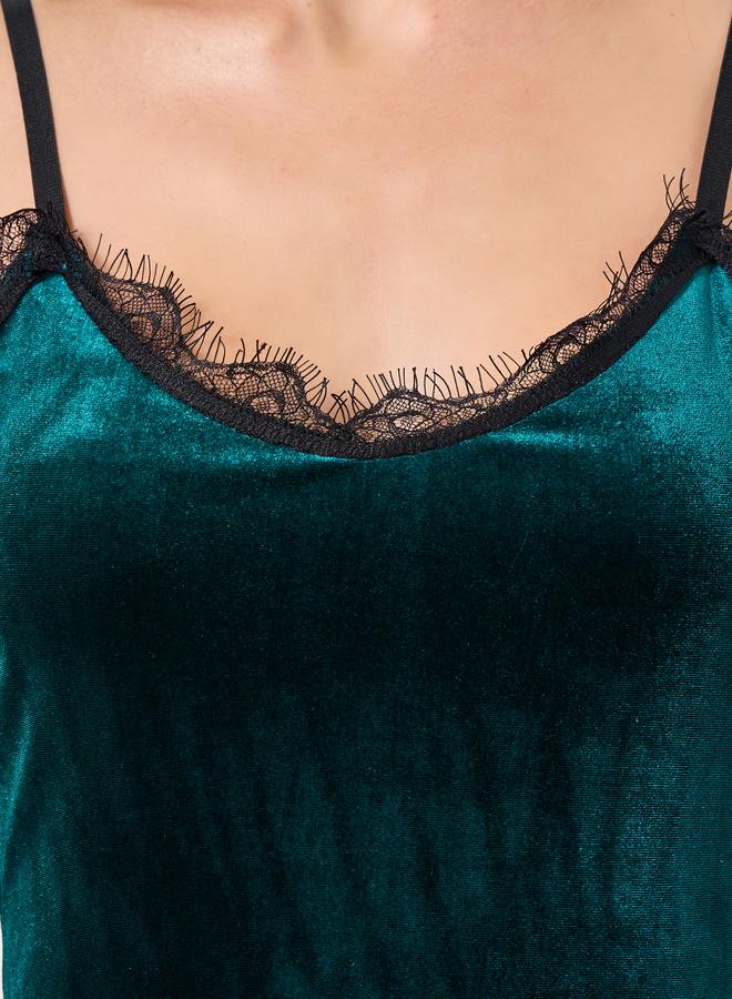 Styli Velvet Contrast Lace Trim Side Slit Slip Dress - Image 3