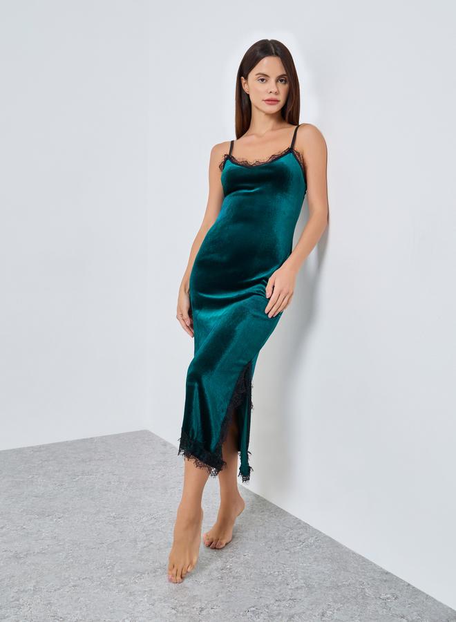 Styli Velvet Contrast Lace Trim Side Slit Slip Dress - Image 1