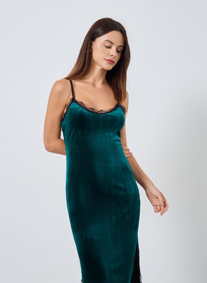 Styli Velvet Contrast Lace Trim Side Slit Slip Dress - Image 2