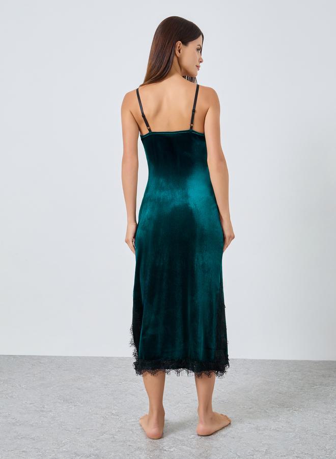 Styli Velvet Contrast Lace Trim Side Slit Slip Dress - Image 4