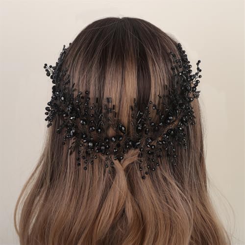 Aimimier Bridal Crystal Hairband Long Hair Vine Crystal Beaded Headband Wedding Prom Party Festival Fashion Hair Accessory for Women Black - Image 1