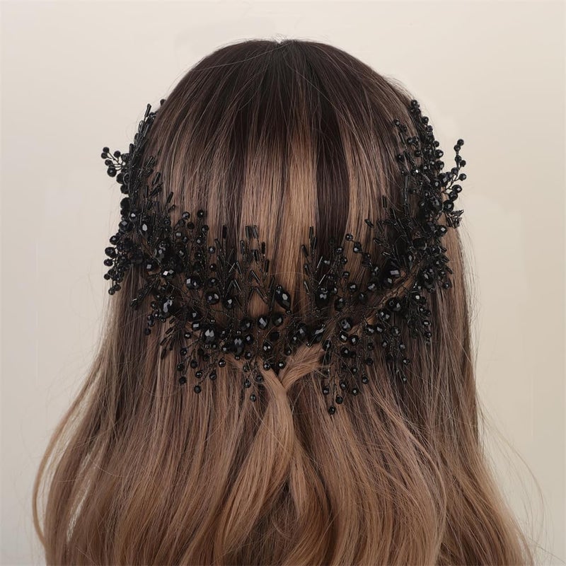 Aimimier Bridal Crystal Hairband Long Hair Vine Crystal Beaded Headband Wedding Prom Party Festival Fashion Hair Accessory for Women Black - Image 3