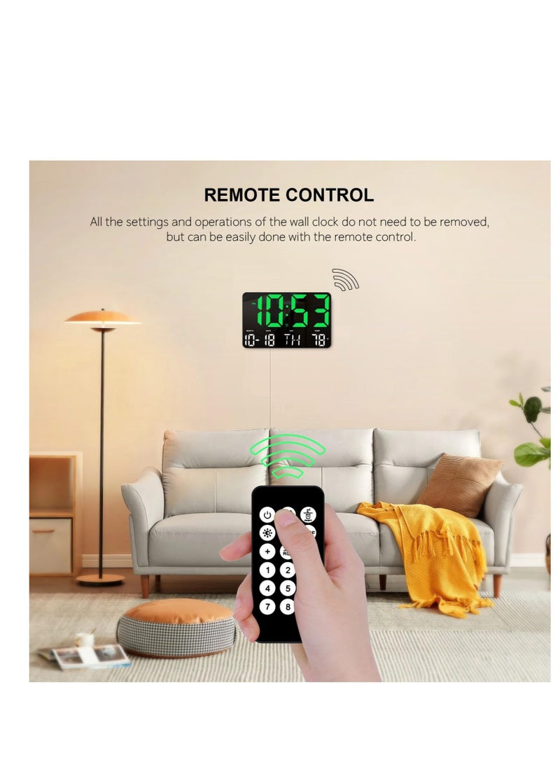 Excefore - Digital Clock, Digital Wall Clock with Remote Control, LED Clock Large Display with Temperature/Date/Week, for Living Room Decor, Large Wall Clocks for Bedroom Office Gym Shop Garage (Green) - Image 1