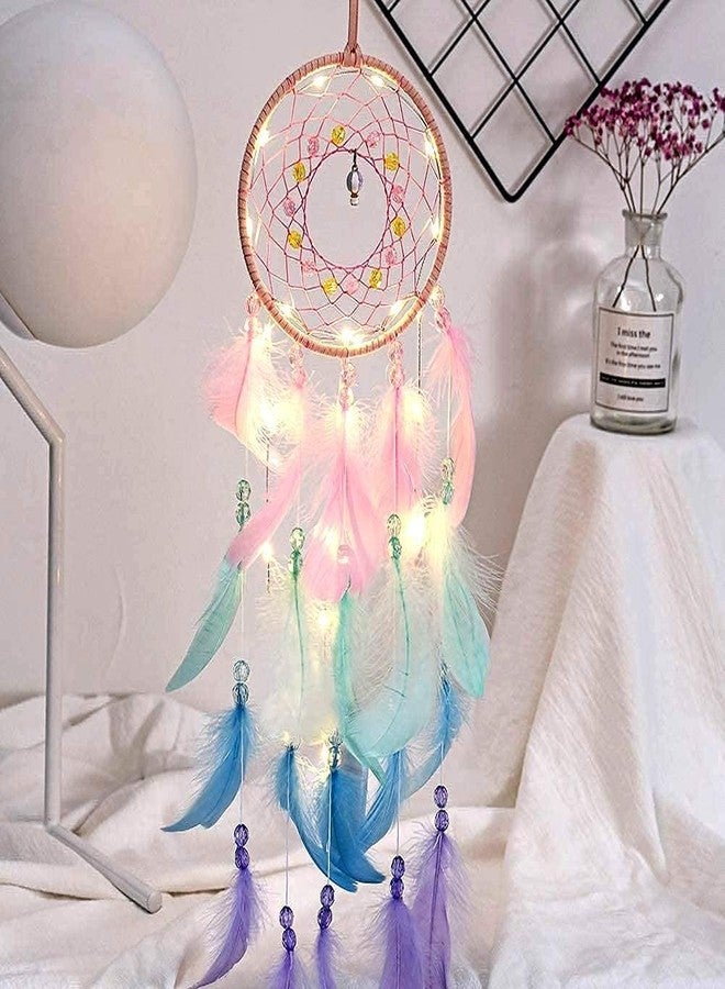Crosszen ديكور حائط على شكل صائد أحلام كروسزن، صائد أحلام مصنوع يدويًا بإضاءة LED، ديكور حائط على شكل صائد أحلام من الريش الملون، هدية صائد أحلام للبنات والأطفال والنساء - Image 5
