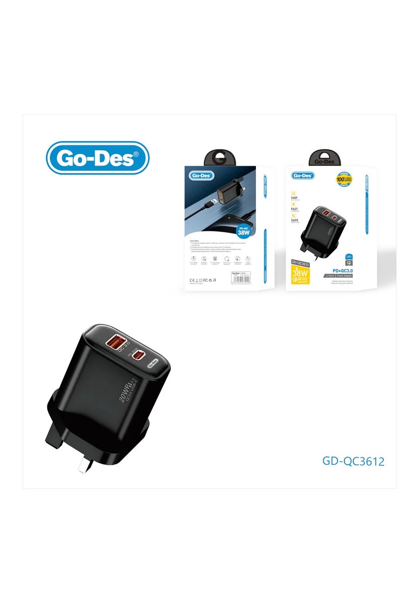 GO-DES 38W PD + QC 3.0 Dual-Port Fast Travel Charger USB-C USB-A Wall Adapter with Smart Protection - Image 1