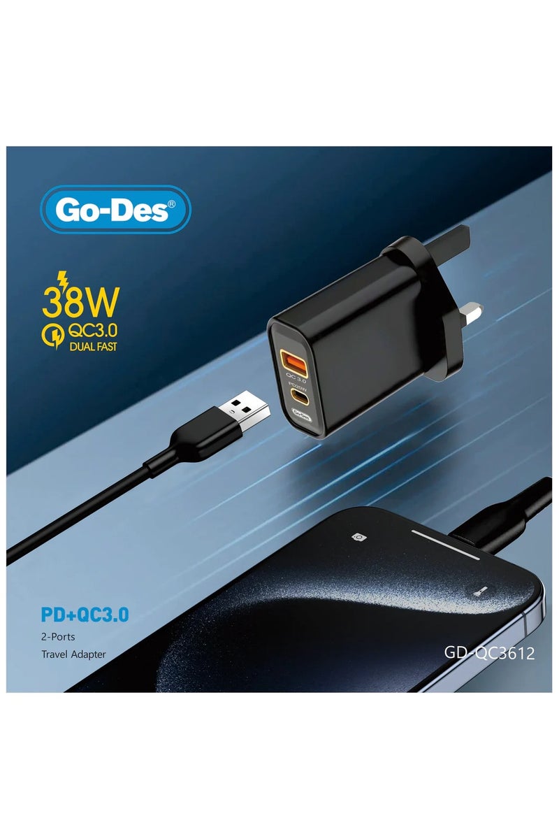 GO-DES 38W PD + QC 3.0 Dual-Port Fast Travel Charger USB-C USB-A Wall Adapter with Smart Protection - Image 2