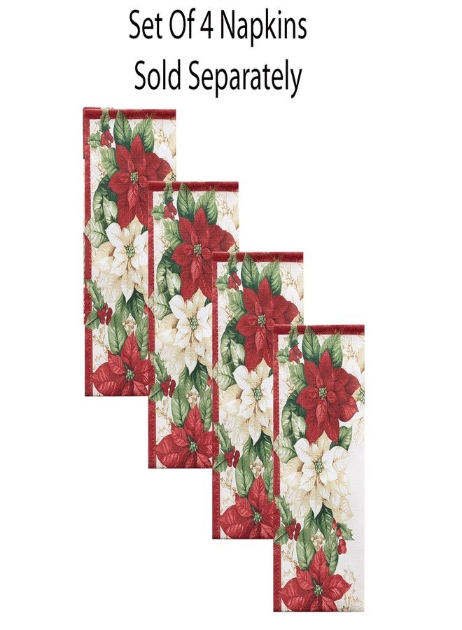 Newbridge Christmas Presley Red and White Poinsettia Double Bordered Set of 4 Fabric Napkins, Holiday Cottage Floral Border Print Napkins for Dining Party - Image 2
