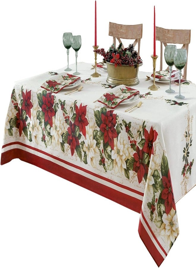 Newbridge Christmas Presley Red and White Poinsettia Double Bordered Set of 4 Fabric Napkins, Holiday Cottage Floral Border Print Napkins for Dining Party - Image 4