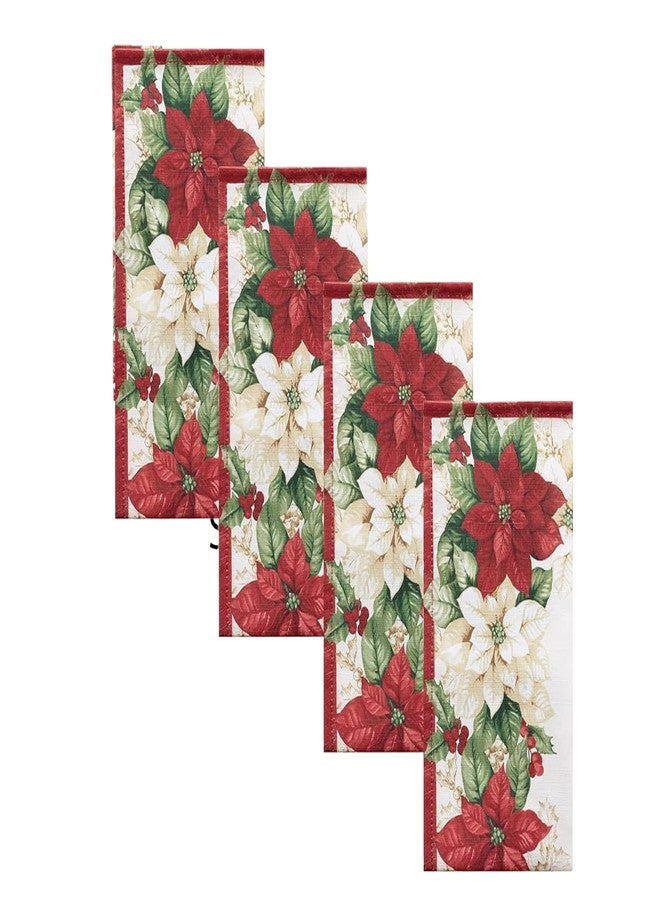 Newbridge Christmas Presley Red and White Poinsettia Double Bordered Set of 4 Fabric Napkins, Holiday Cottage Floral Border Print Napkins for Dining Party - Image 1
