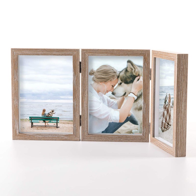 AEVETE Triple 5x7 Picture Frames Hinged Wood 3 Opening Frame Vertically Display with Glass Front - Image 3