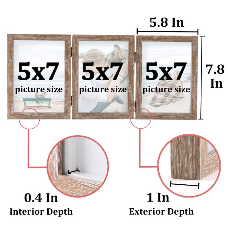 AEVETE Triple 5x7 Picture Frames Hinged Wood 3 Opening Frame Vertically Display with Glass Front - Image 2