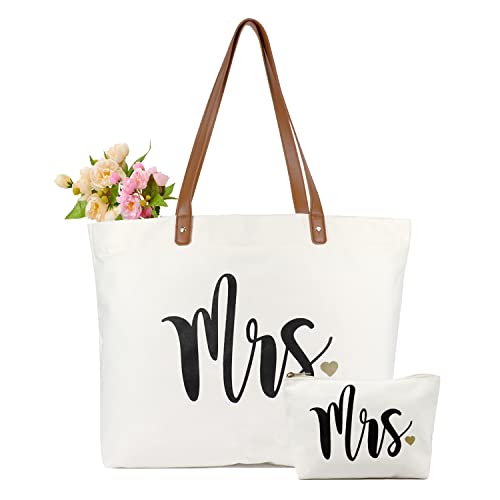 Lamyba Mrs Bag with Makeup Bag, Bride Tote Bag, Bridal Shower Gifts for Bride,Canvas White - Image 1