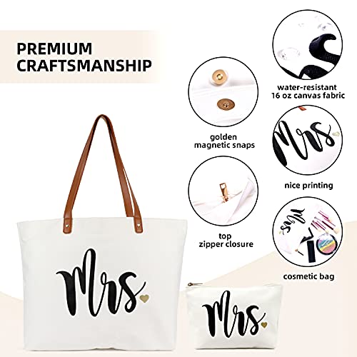 Lamyba Mrs Bag with Makeup Bag, Bride Tote Bag, Bridal Shower Gifts for Bride,Canvas White - Image 3
