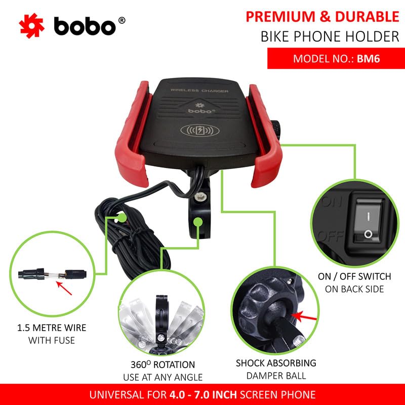 BOBO BM6 Jaw-Grip Waterproof Bike/Motorcycle/Scooter Mobile Phone Holder Mount with Fast 15W Wireless Charger, Ideal for Maps and GPS Navigation (Red) - Image 2