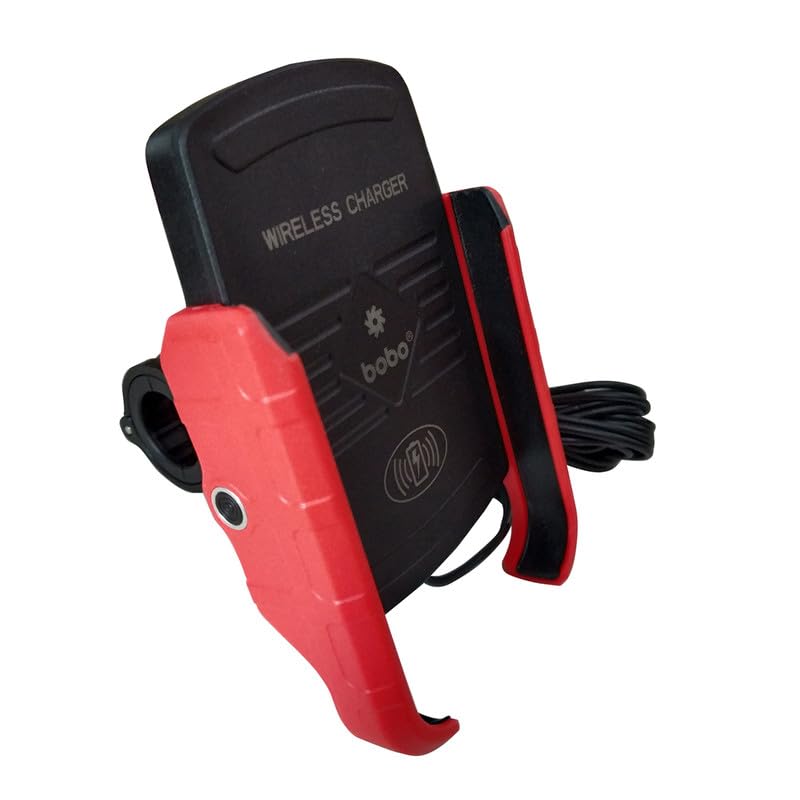 BOBO BM6 Jaw-Grip Waterproof Bike/Motorcycle/Scooter Mobile Phone Holder Mount with Fast 15W Wireless Charger, Ideal for Maps and GPS Navigation (Red) - Image 1