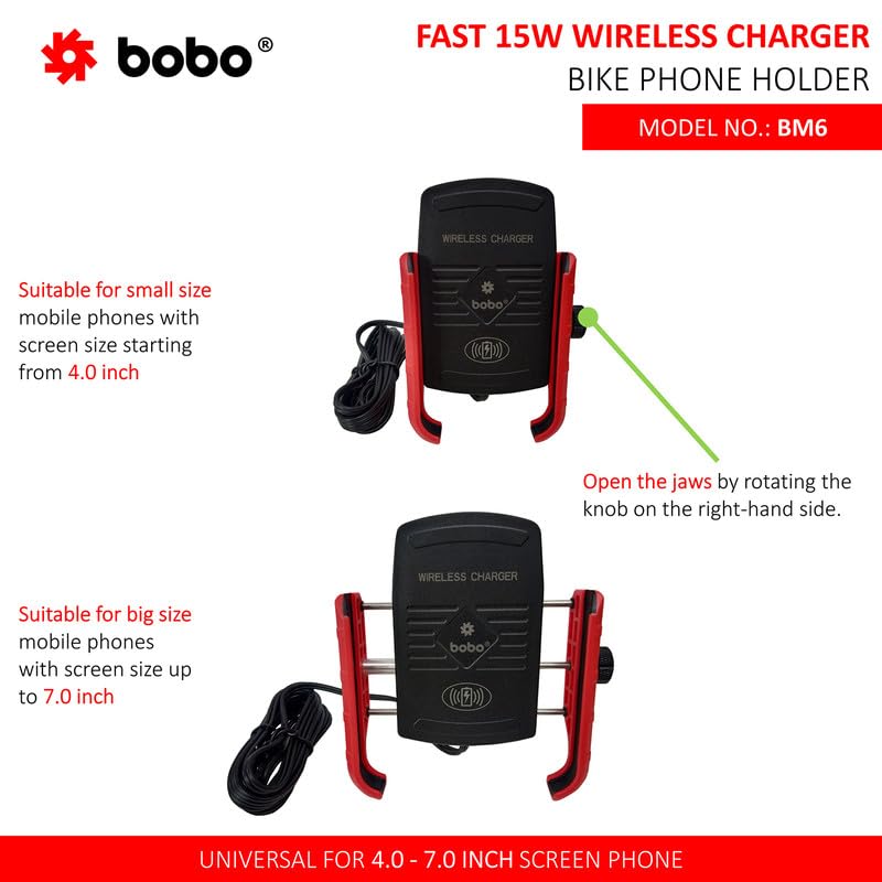 BOBO BM6 Jaw-Grip Waterproof Bike/Motorcycle/Scooter Mobile Phone Holder Mount with Fast 15W Wireless Charger, Ideal for Maps and GPS Navigation (Red) - Image 3