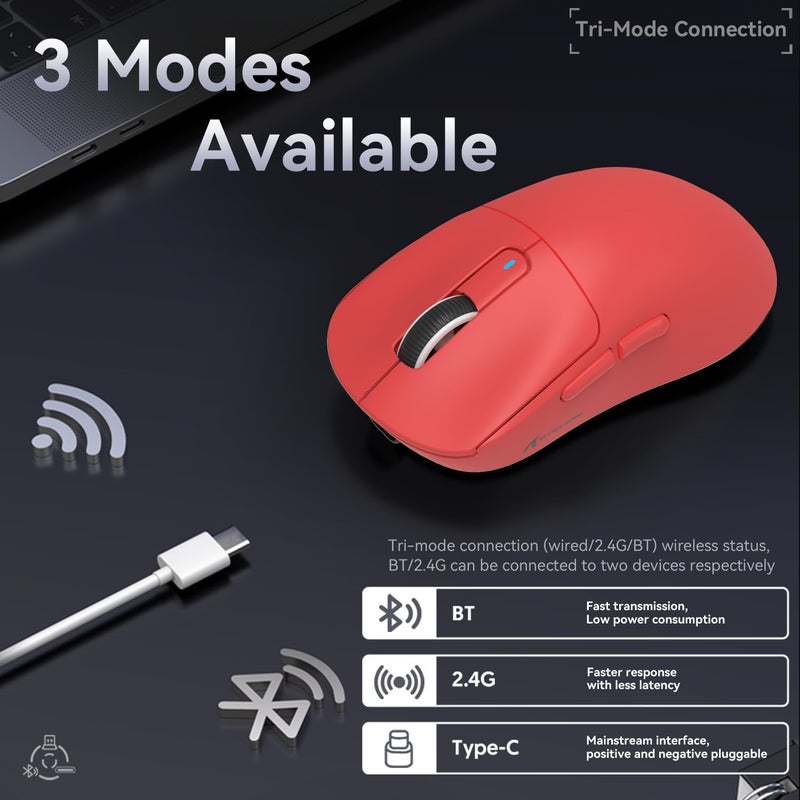 MAMBASNAKE ماوس ألعاب لاسلكي Attack Shark X3، فائق الخفة 49 جرام، PixArt PAW3395 26000 DPI، بلوتوث/2.4GHz/وضع ثلاثي سلكي، بطارية قابلة لإعادة الشحن 200 ساعة، مفتاح Kailh GM8.0 لأ��هزة PC/MAC/Win - أحمر - Image 4
