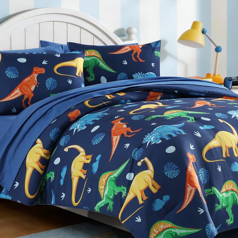 Kaleido Space Twin Comforter Set for Boys Kids - 5 Pieces Navy Dinasour Patterns Twin Bedding Sets for Boys Teen, Soft Cozy Bed in A Bag with Sheets - Image 5