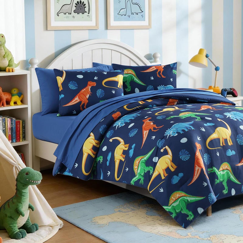 Kaleido Space Twin Comforter Set for Boys Kids - 5 Pieces Navy Dinasour Patterns Twin Bedding Sets for Boys Teen, Soft Cozy Bed in A Bag with Sheets - Image 2
