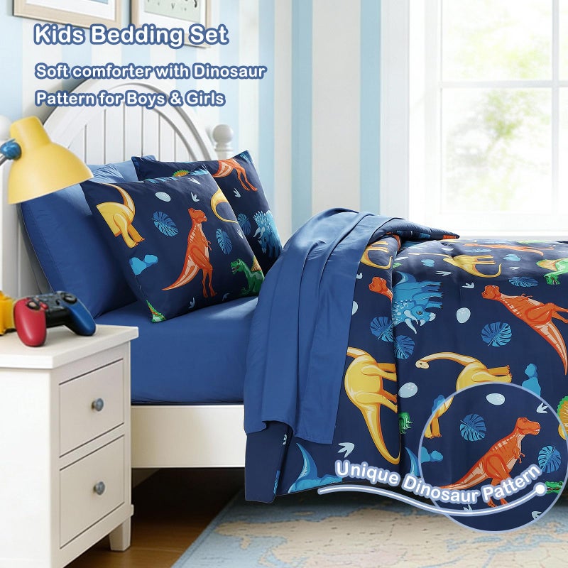 Kaleido Space Twin Comforter Set for Boys Kids - 5 Pieces Navy Dinasour Patterns Twin Bedding Sets for Boys Teen, Soft Cozy Bed in A Bag with Sheets - Image 3