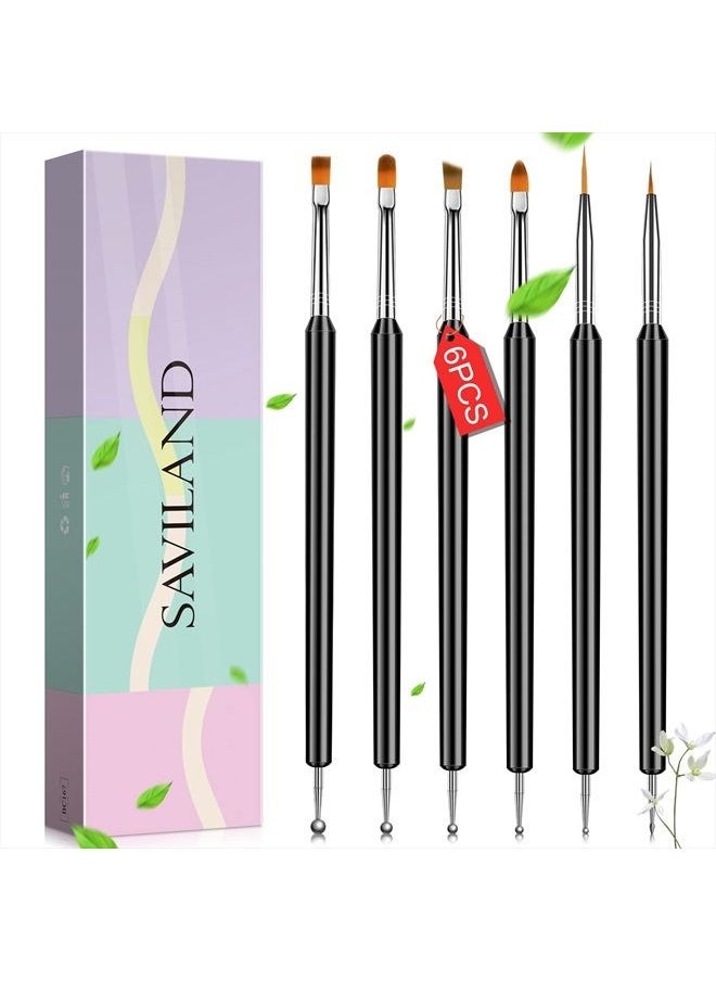 Saviland - Saviland Nail Art Brushes Set - 6pcs Double-End Nail Art Brushes Kit Professional Nail Art Tools Kit with Painting Dotting Line Pen for Gel Polish Nail Design Nail Carving French Nails - Image 1