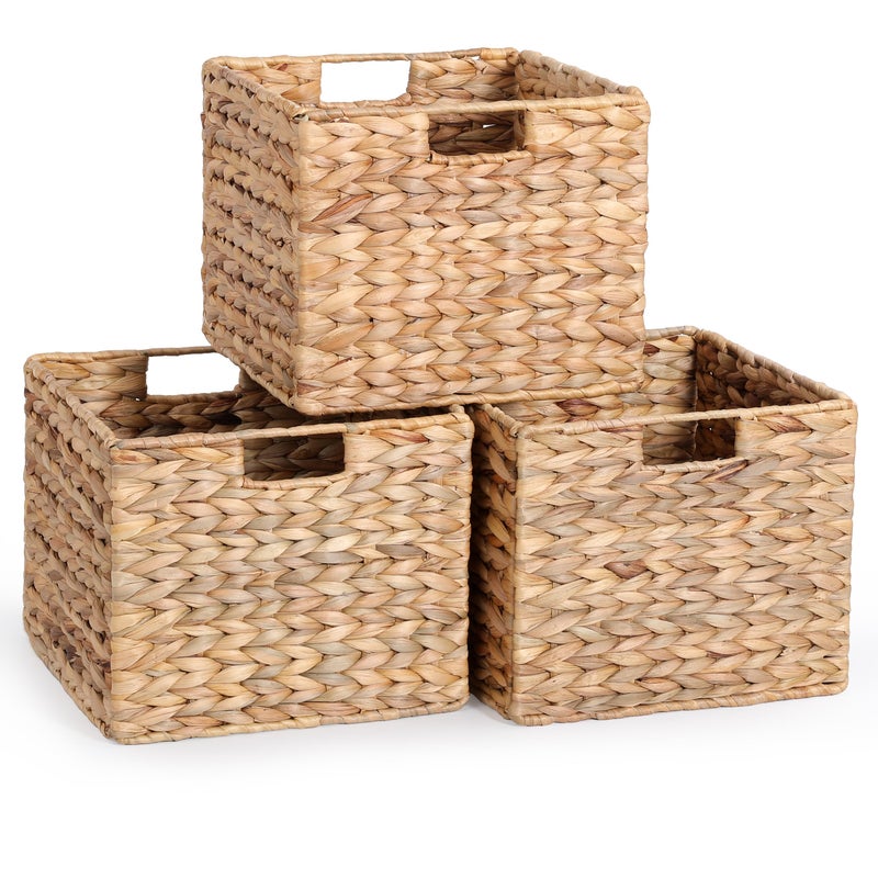 DINGTAI 12x12x10in Water Hyacinth Storage Basket Large, Folding Cube Woven Wicker Storage Basket for Shelves, Pantry Baskets Organization and Storage, Kitchen Storage Baskets, Large Rattan Basket Set of 3 - Image 1
