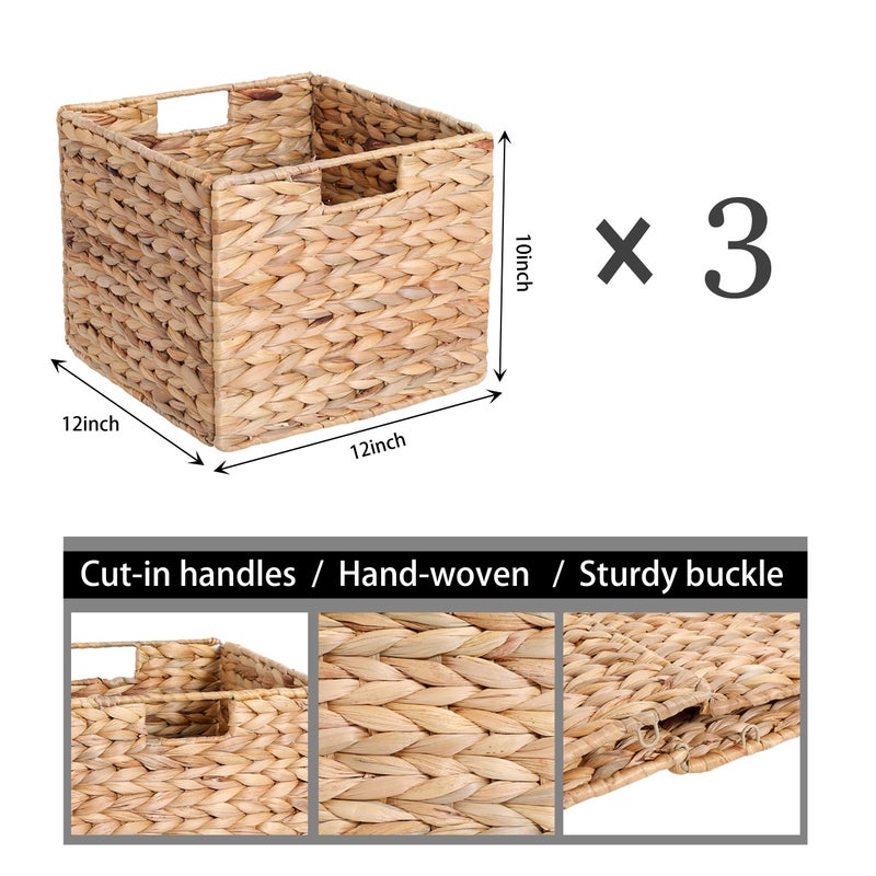 DINGTAI 12x12x10in Water Hyacinth Storage Basket Large, Folding Cube Woven Wicker Storage Basket for Shelves, Pantry Baskets Organization and Storage, Kitchen Storage Baskets, Large Rattan Basket Set of 3 - Image 3
