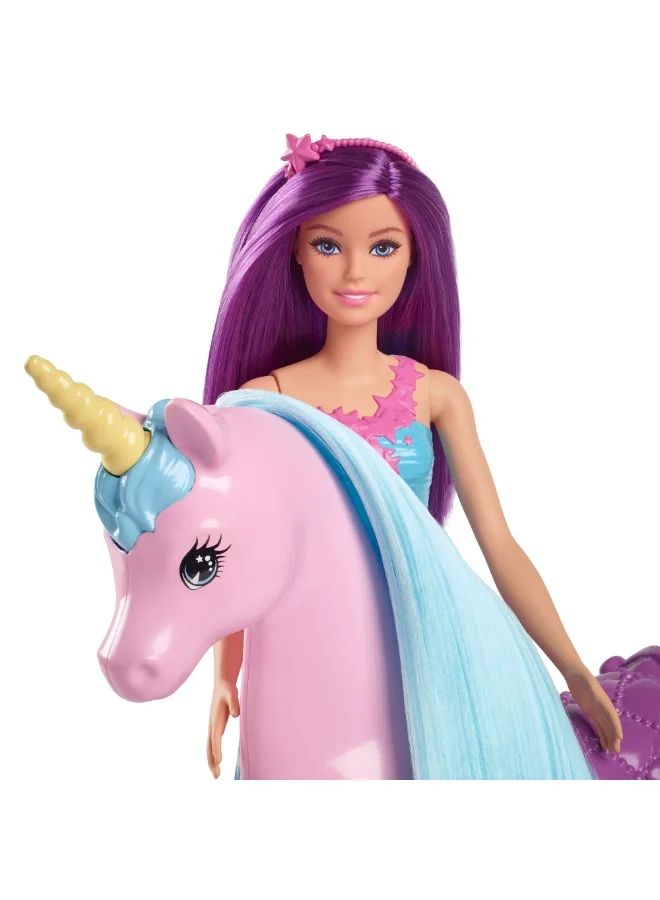 Barbie Doll & Unicorn Set - Includes Saddle, Brush, & Accessories, Fantasy Theme Toys, Unicorn with Long Mane & Tail for Brushing