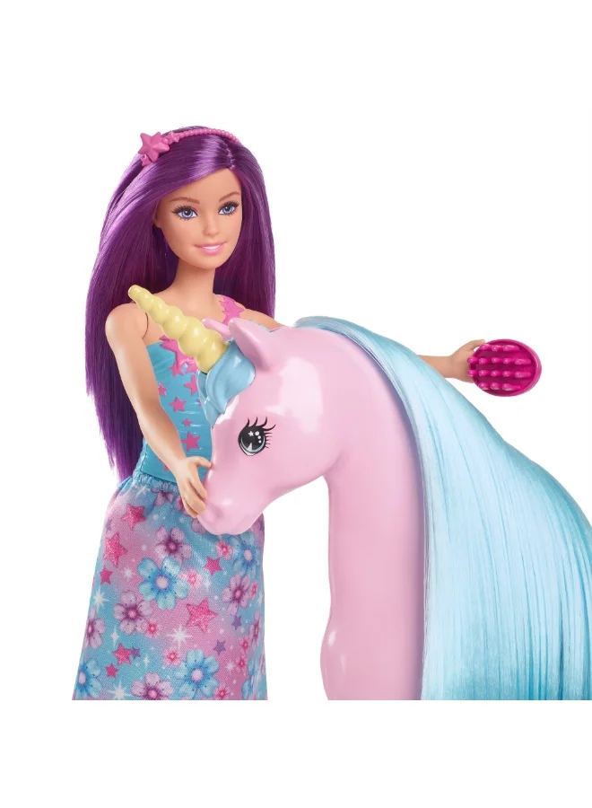 Barbie Doll & Unicorn Set - Includes Saddle, Brush, & Accessories, Fantasy Theme Toys, Unicorn with Long Mane & Tail for Brushing