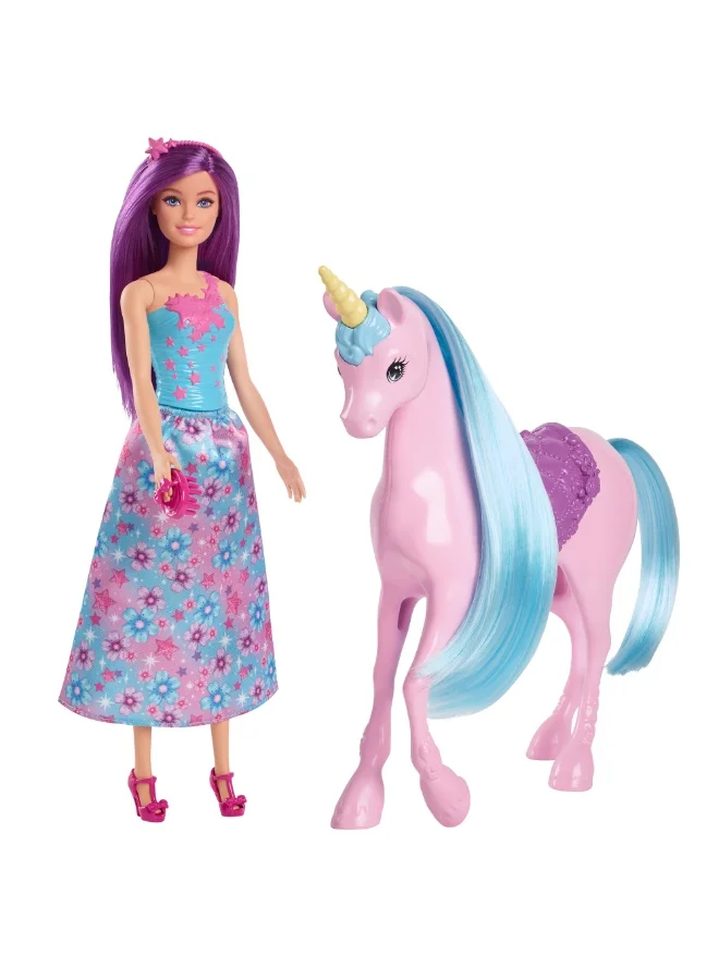 Barbie Doll & Unicorn Set - Includes Saddle, Brush, & Accessories, Fantasy Theme Toys, Unicorn with Long Mane & Tail for Brushing