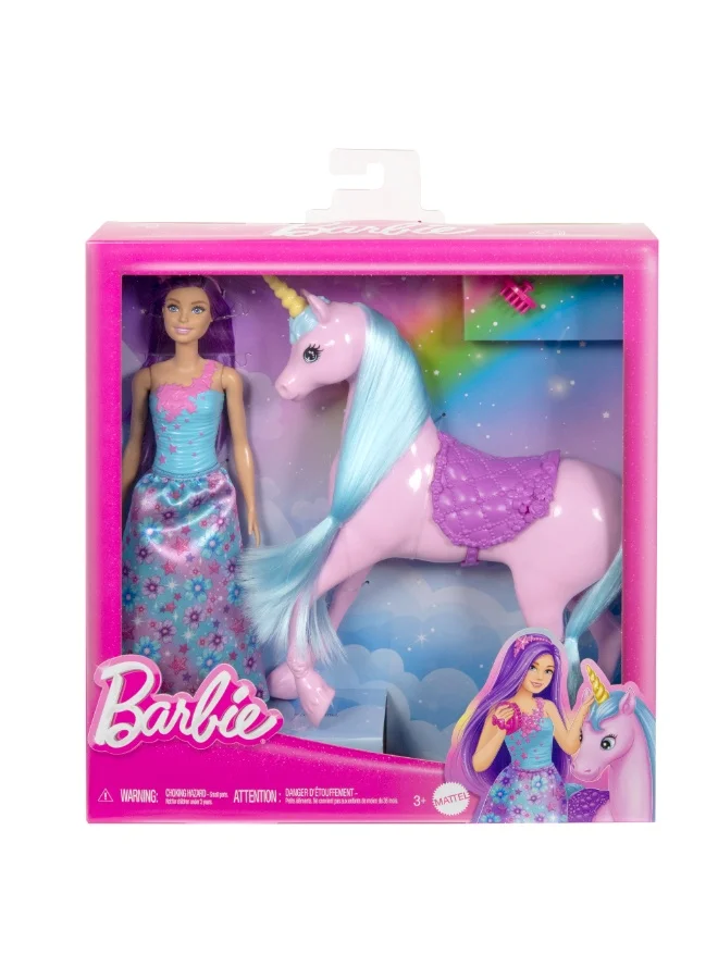 Barbie Doll & Unicorn Set - Includes Saddle, Brush, & Accessories, Fantasy Theme Toys, Unicorn with Long Mane & Tail for Brushing