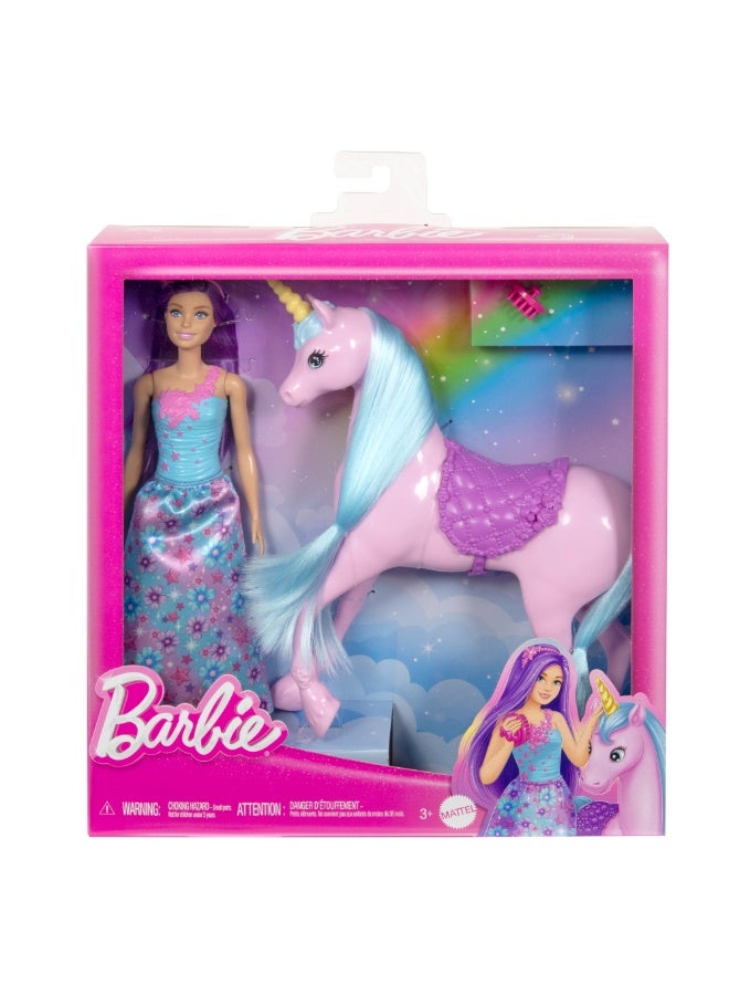Barbie Doll & Unicorn Set - Includes Saddle, Brush, & Accessories, Fantasy Theme Toys, Unicorn with Long Mane & Tail for Brushing - Image 2