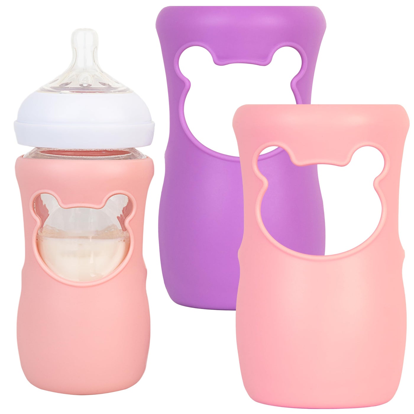 Aelop Philips Avent Silicone Baby Bottle Sleeves Anti Breakage Holder for Natural Glass Baby Bottles Compatible with Avent 8oz Pack of 2 Pink and Purple