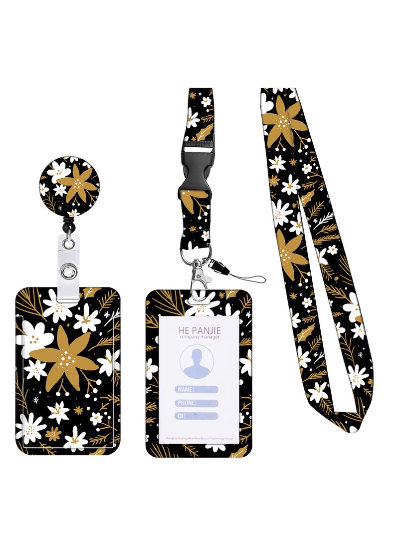 Harse ID Badge Holder with Lanyard, Retractable Badge Holders Reels with Lanyards Adjustable, for Women Kids Teacher Nurses Doctor Student (Champagne Color Flower)  - Image 1