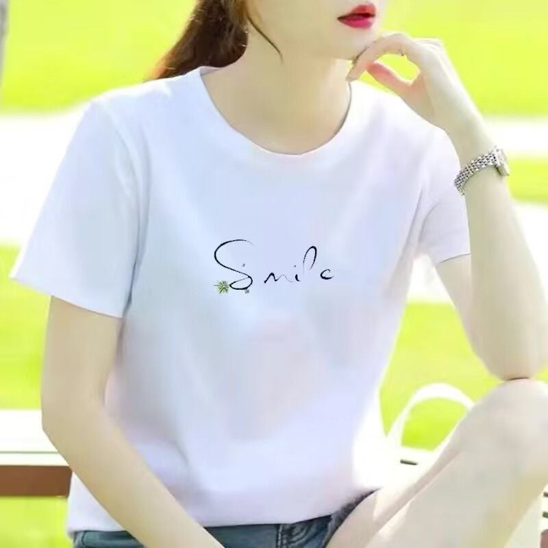 White Summer Casual Loose plus size Student Round Neck Printed Short-sleeved T-shirt Womens Slimming Letter New Simple T-shirt 7790 - Image 2