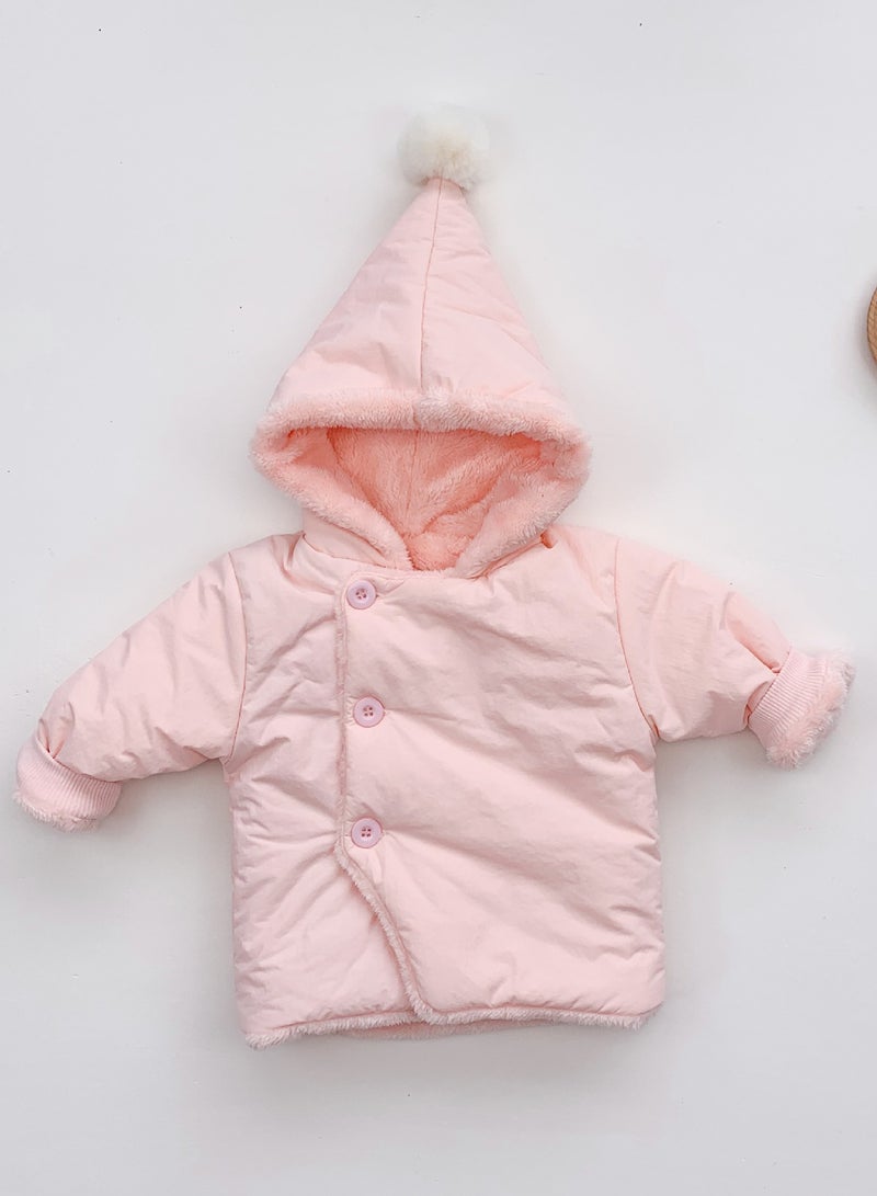 معطف أطفال شتوي دافئ من القطيفة لعام 2023، سترة بغطاء رأس ثلاثية الأبعاد لطيفة باللون الوردي