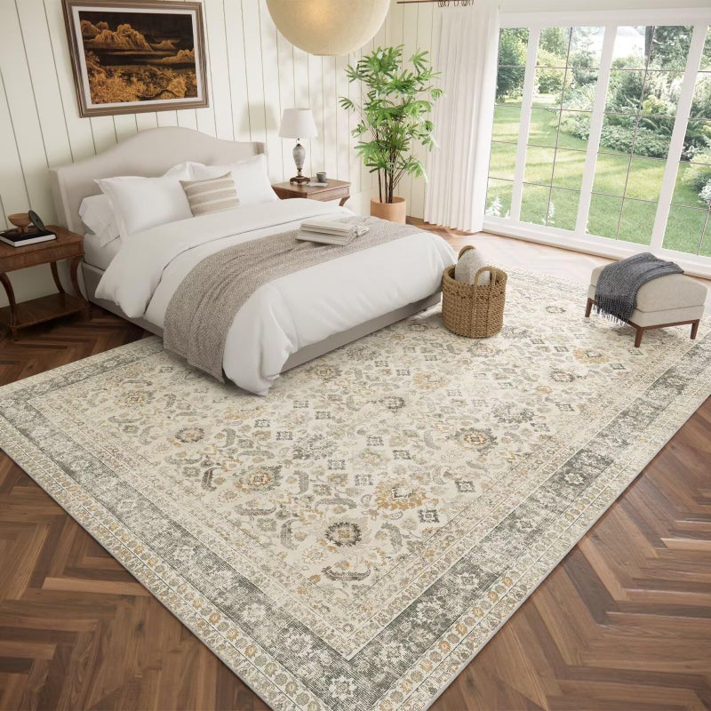 Hedwior Washable 9x12 Area Rugs for Living Room, Boho Non-Slip Vintage Distress Lager Rugs for Bedroom Dining Room Nursery Office, 0.3" Neutral Oriental Throw Thin Carpet, Grey/Beige/Orange/Multi - Image 2